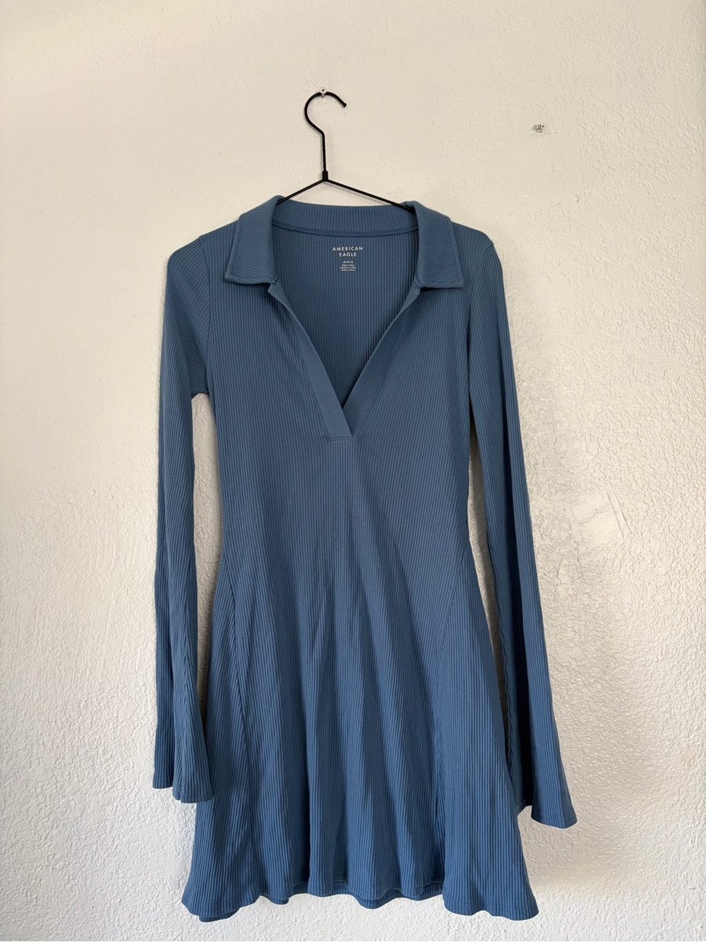 American Eagle Outfitters Slate Blue Ribbed V-Neck Long-Sleeve Dress